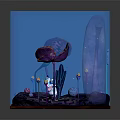 Cartoon Fantasy Scene With Starry Sky Moon Arch Large Flowers And Cute Glowing Characters