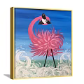 Pink Flamingo Animal Painting With Detailed Feathers Gold Frame Gray Wall Background