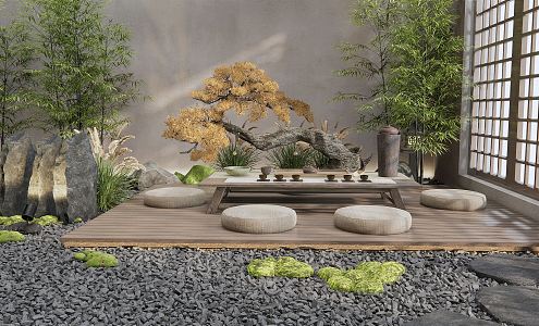 New Chinese-style New Chinese-style Tatami Tea Table and Chair Deserted Rock Courtyard Sick Stone Rock Bamboo Moss Tatami 3d model