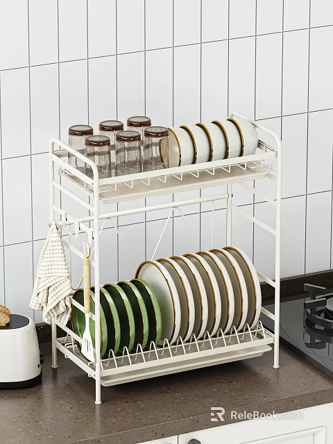 White Multi Tiered Kitchen Sideboard Dish Shelf With Glasses And Plates 3d model 