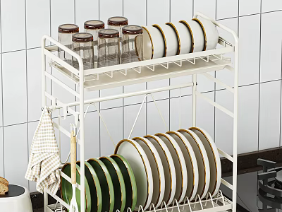 White Multi Tiered Kitchen Sideboard Dish Shelf With Glasses And Plates 3d model