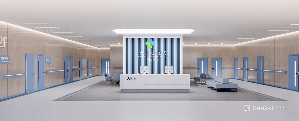 Hospital Lobby Interior With Reception Desk Blue Accent Wall Wooden Panel Walls And Chairs 3d model 