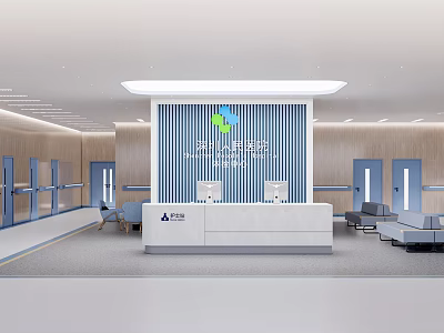 Hospital Lobby Interior With Reception Desk Blue Accent Wall Wooden Panel Walls And Chairs 3d model