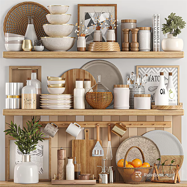 Stylish Kitchenware Display On Wooden Shelves With Bowls Plates Jars Mugs Cutting Boards And Plants 3d model 