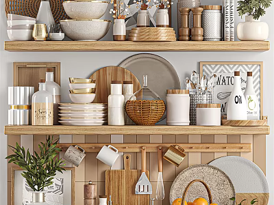 Stylish Kitchenware Display On Wooden Shelves With Bowls Plates Jars Mugs Cutting Boards And Plants 3d model