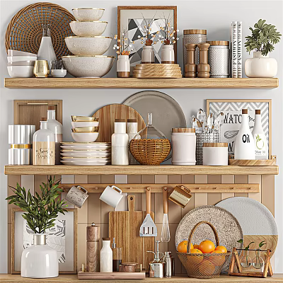Stylish Kitchenware Display On Wooden Shelves With Bowls Plates Jars Mugs Cutting Boards And Plants 3d model