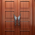 Elegant Wooden Double Doors With Carved Panels And Wing Shaped Handles 3d model
