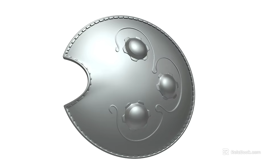 Silver Circular Shield Weapon With Decorative Three Circular Elements And Metallic Edge Design 3d model