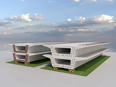 Modern Concrete Building Structures On Green Grass With Blue Sky And White Clouds 3d model