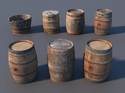 Vintage Wooden Barrel Ornament Set With Various Styles For Home Decoration 3d model