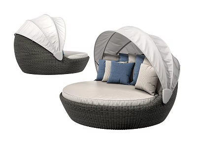 Gray Wicker Outdoor Sofa With Round Design Canopy And Blue Cushions 3d model