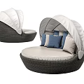 Gray Wicker Outdoor Sofa With Round Design Canopy And Blue Cushions 3d model