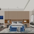 Modern Stylish Hotel Room Interior With Large Bed Wooden Accent Wall And Blue Bench