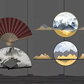 Traditional Chinese Wall Decor with Red Fan Circular Landscape Paintings and Golden Mountain Accents