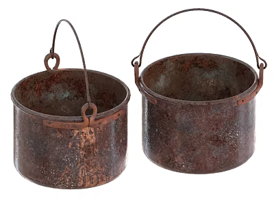 Two Vintage Rustic Copper Cookware Buckets With Metal Handles And Aged Finish 3d model