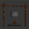 Rustic Outdoor Cooking Structure With Hanging Metal Pot And Stone Fire Pit