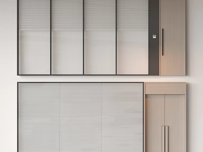 Modern Room Partition Design With Louvered Panels And Wooden Cabinet Storage 3d model