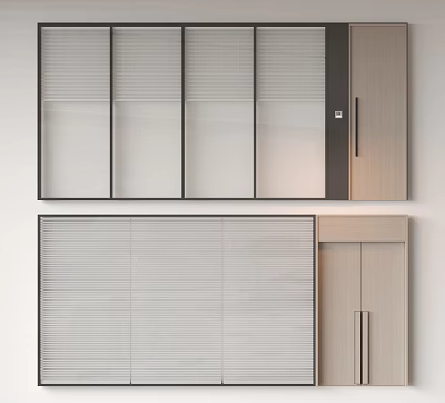 Modern Room Partition Design With Louvered Panels And Wooden Cabinet Storage 3d model