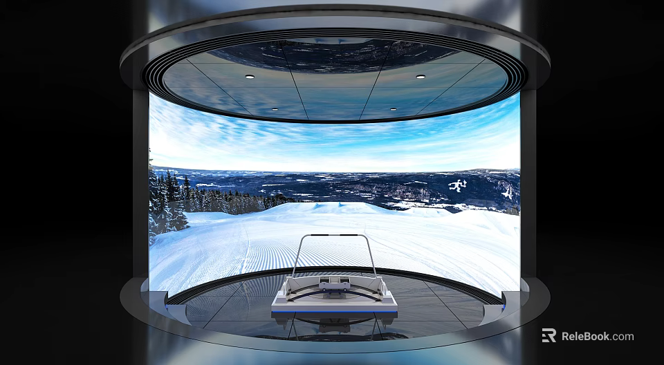 Ski Simulator Sports Equipment In Circular Display Setup With Large Snow Mountain Scenery Screen 3d model 