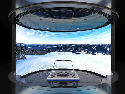 Ski Simulator Sports Equipment In Circular Display Setup With Large Snow Mountain Scenery Screen 3d model