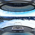 Ski Simulator Sports Equipment In Circular Display Setup With Large Snow Mountain Scenery Screen