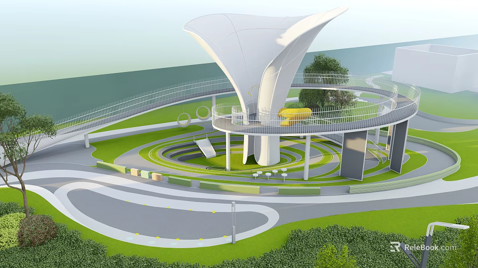 Modern Children's Play Area With Umbrella Shaped Structure Circular Walkways Green Lawns And Trees 3d model 