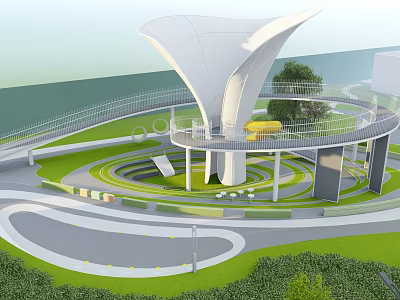 Modern Children's Play Area With Umbrella Shaped Structure Circular Walkways Green Lawns And Trees 3d model