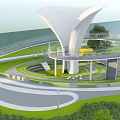 Modern Children's Play Area With Umbrella Shaped Structure Circular Walkways Green Lawns And Trees