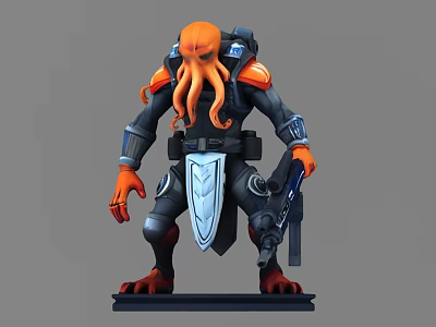 3D Model of Armored Octopus Character With Weapon and Detailed Design 3d model