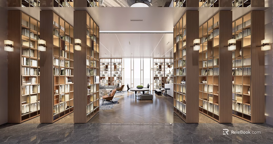 Artistic Book Space Interior Design With Wooden Bookshelves And Cozy Reading Nooks 3d model 
