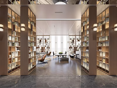 Artistic Book Space Interior Design With Wooden Bookshelves And Cozy Reading Nooks 3d model