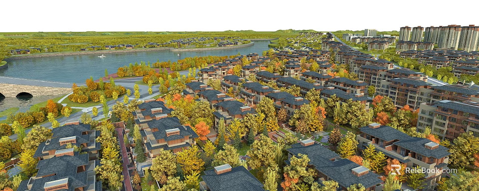Aerial Planning of Housing Complex With River and Autumn Trees Layout 3d model 