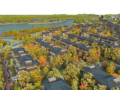 Aerial Planning of Housing Complex With River and Autumn Trees Layout 3d model