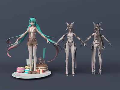 Vibrant Game Movie Characters Featuring Turquoise Long Hair Cat Ear Design and Cake Drinks 3d model
