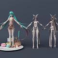 Vibrant Game Movie Characters Featuring Turquoise Long Hair Cat Ear Design and Cake Drinks