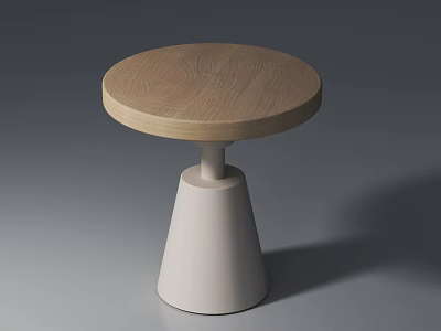 Minimalist Modern Round Table With Natural Wooden Top And White Cone Base Design 3d model
