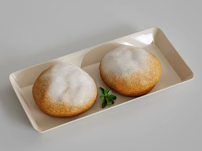 Round Pastries Topped with Powdered Sugar on Beige Rectangular Tray with Fresh Mint Leaf 3d model