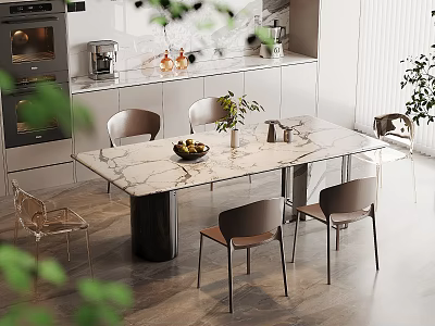 Modern Dining Space With Marble Table Chairs Plants And Kitchen Appliances 3d model