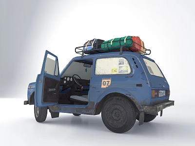 Blue Vintage Car With Open Door And Roof Mounted Luggage For Travel 3d model
