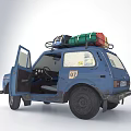 Blue Vintage Car With Open Door And Roof Mounted Luggage For Travel