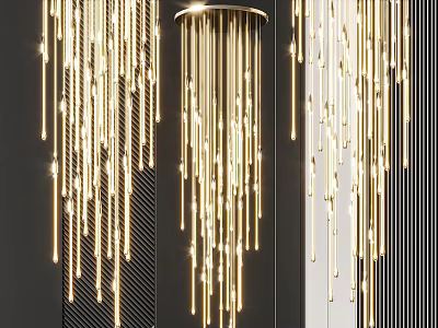 Modern Chandelier Design With Golden Hanging Strips And Lighting Effects For Interior Decoration 3d model