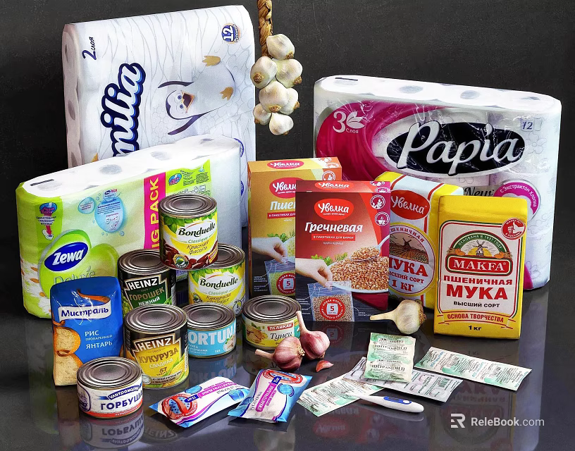 Assorted Food Products Including Canned Goods Flour Packages And Garlic Cloves 3d model 