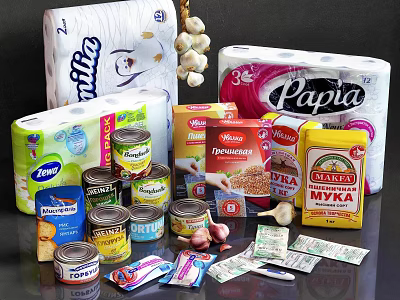 Assorted Food Products Including Canned Goods Flour Packages And Garlic Cloves 3d model