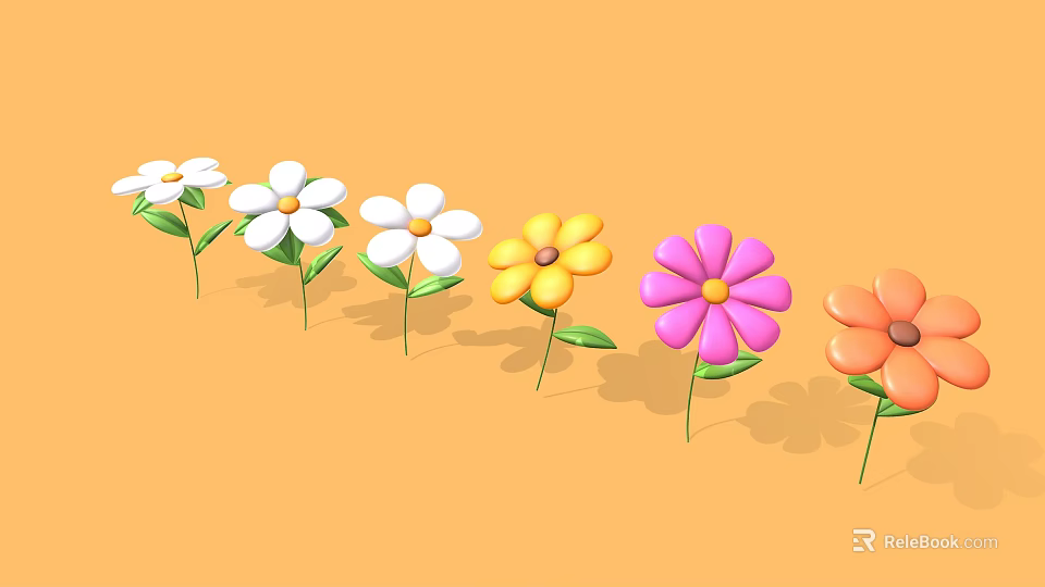 Colorful Flowers with Green Stems and Leaves on Yellow Background 3d model 