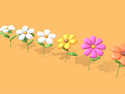 Colorful Flowers with Green Stems and Leaves on Yellow Background 3d model