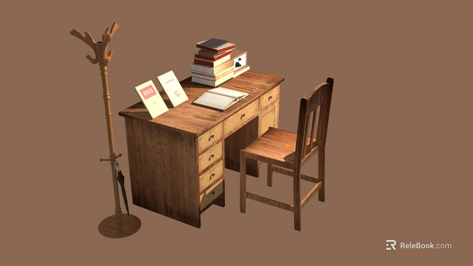 Wooden Study Desk With Chair Stack Of Books Open Notebooks And Coat Rack 3d model 