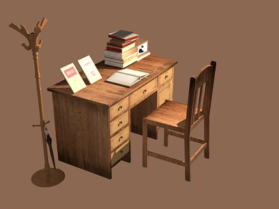 Wooden Study Desk With Chair Stack Of Books Open Notebooks And Coat Rack 3d model