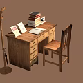 Wooden Study Desk With Chair Stack Of Books Open Notebooks And Coat Rack