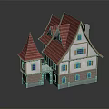 Cartoon Fairy Tale Cottage With Red Tiled Roofs White Walls And Pointed Towers