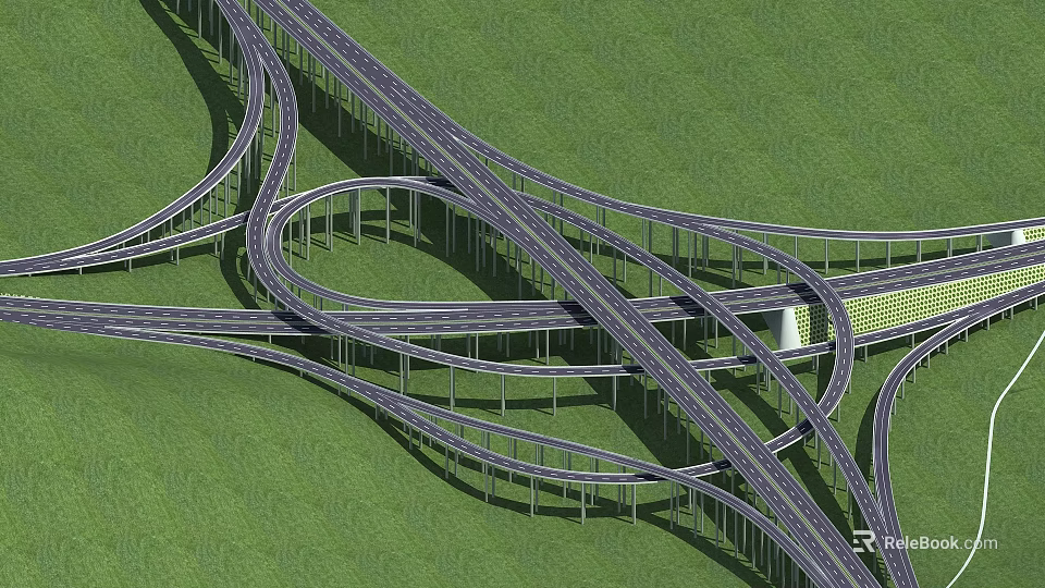 Complex Multi Level Highway Bridge Interchange With Green Grass Background Structure 3d model 